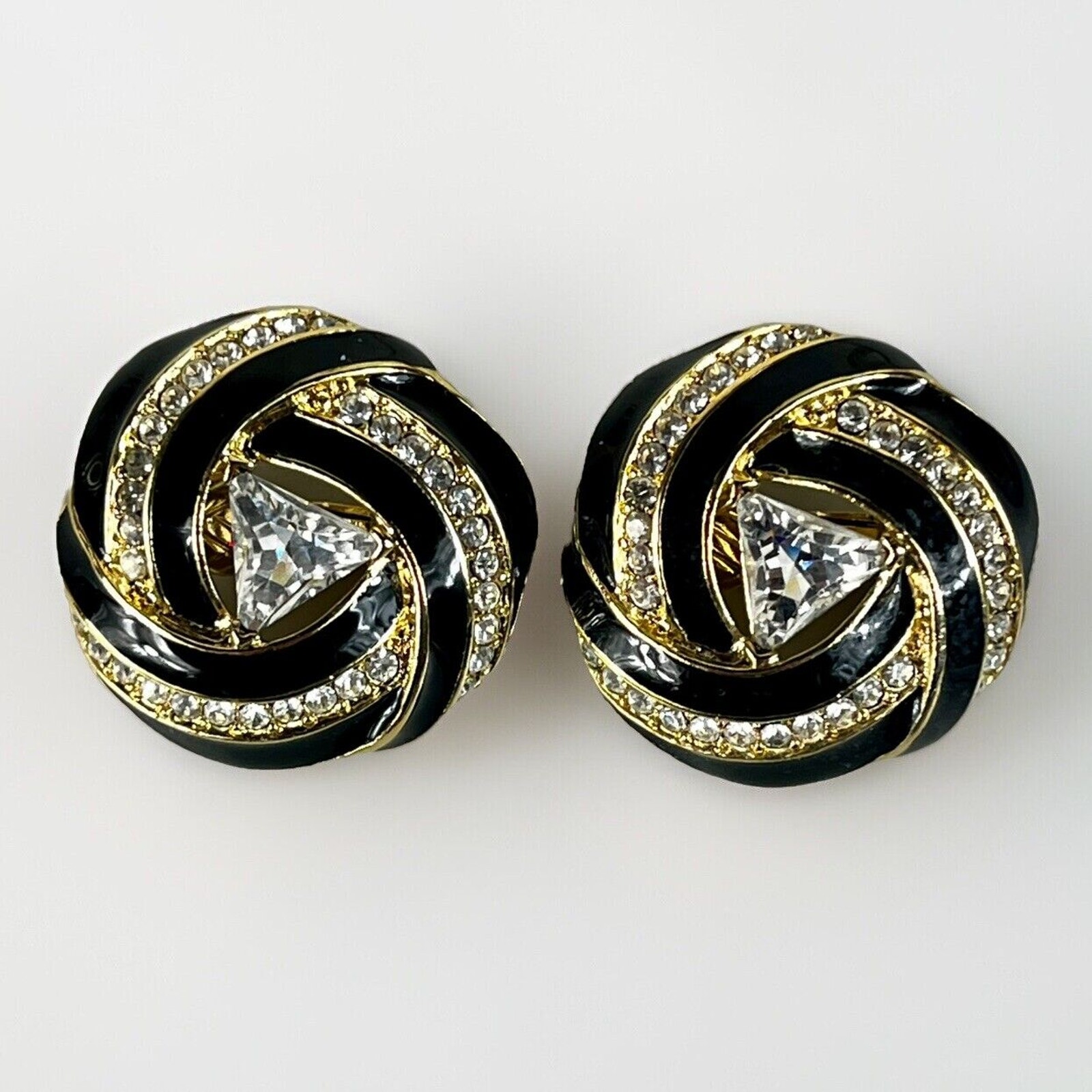 Vtg Runway Trifari Art Deco Chic Earrings Black Enamel Crystal Rhinestones Clips